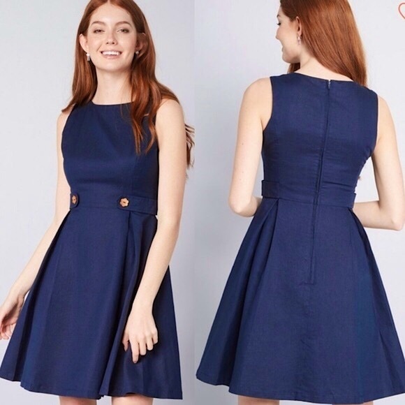 Modcloth Something Sixties Linen Cotton Navy Retro A-Line Sleeveless Dress | 00 - Picture 1 of 7